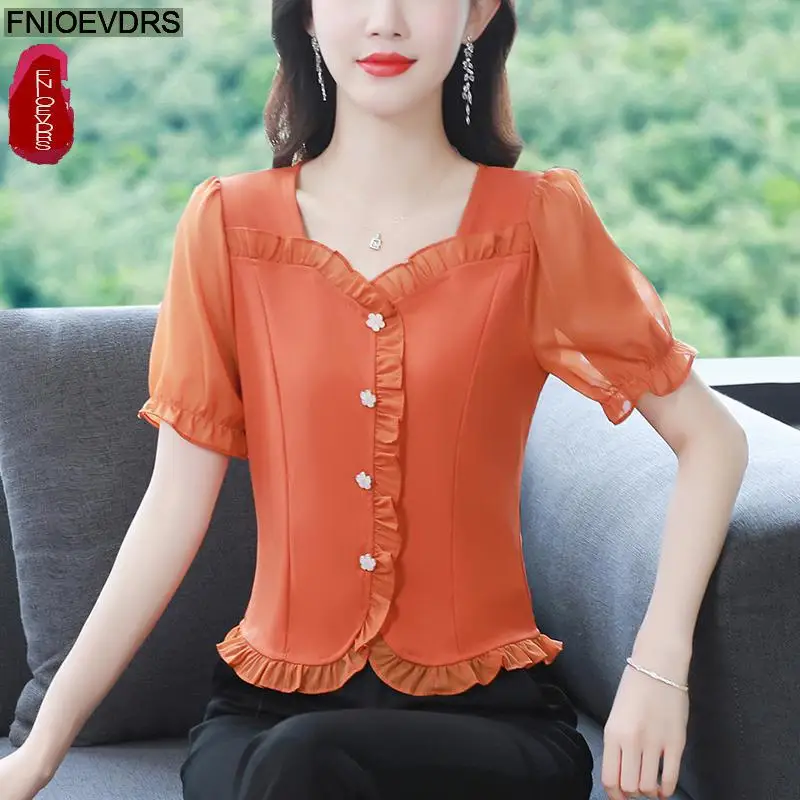 S-3XL 2023 Women Summer Short Sleeve Elegant Office Lady Work Button Shirt Casual Slim Ruffles Peplum Tops And Blouses