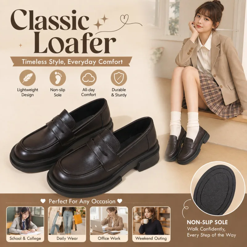 British JK Uniform Women Leather Loafers Platform Shoes, Thick Sole Penny Loafers Vintage Slip On, Flats Brown School Shoes New
