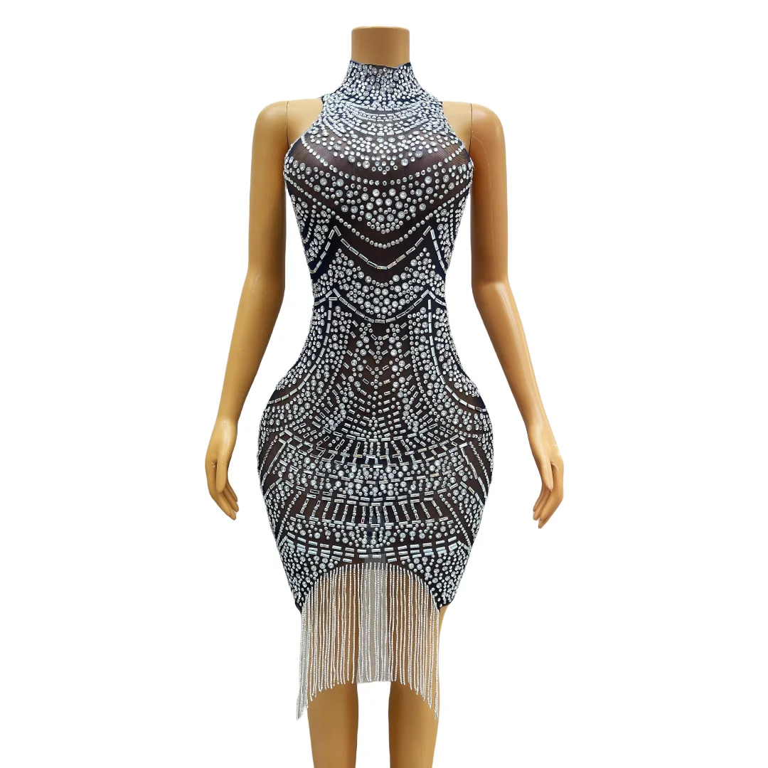 

Sexy Silver Rhinestones Crystals Chains Fringes Dress Women Birthday Celebrate Sleeveless Singer Dancer Fashion Outfit bandian