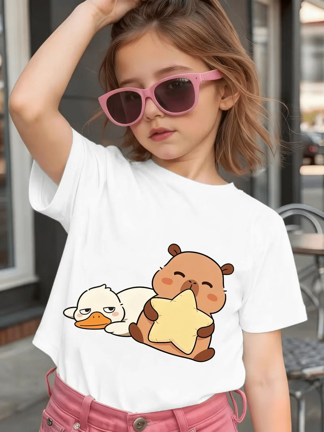 Cute Capybara Duck Cartoon Graphic Kids Tee Boys Girls Family Matching Cotton Crew Neck Short Sleeve Soft Casual Summer Tee