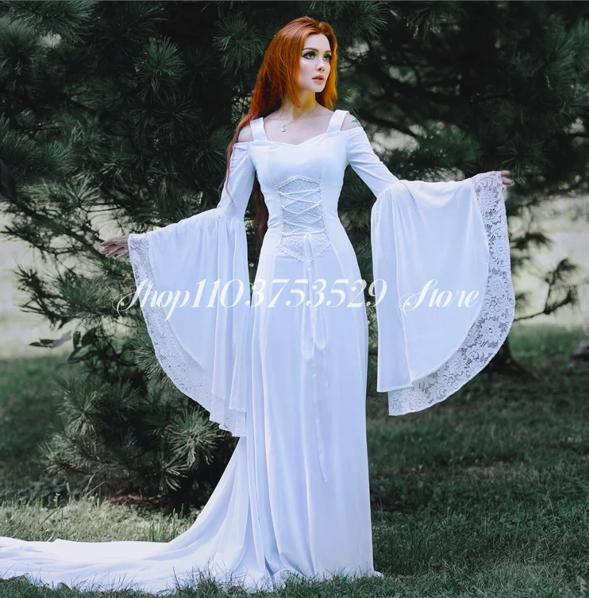 White Victorian Evening Dress Queen Evening Church Skirt Fairy Long Sleeve Belle Fairy Antique Party vestido de fiesta elegante