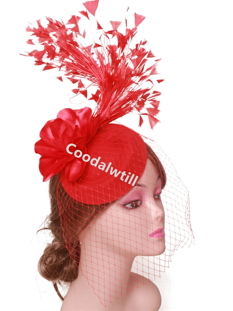 

Red Veils Fascinator Hat Headband Ladies Women Mesh Flower Headpiece For Church Wedding Headwear Women Wedding Pillbox Cap