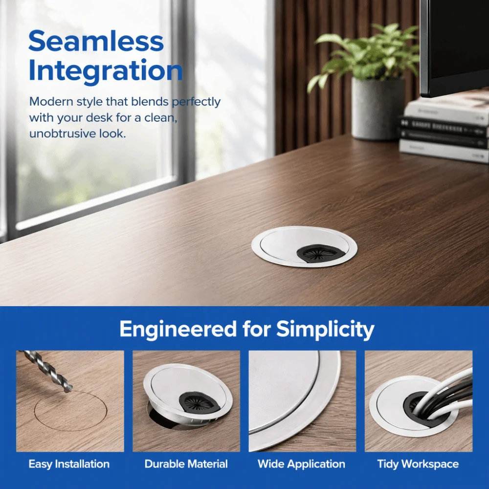 4pcs Durable 60mm Diameter Desk Grommet Zinc Alloy Round Cable Hole Cover Wire Cord Organizer Home
