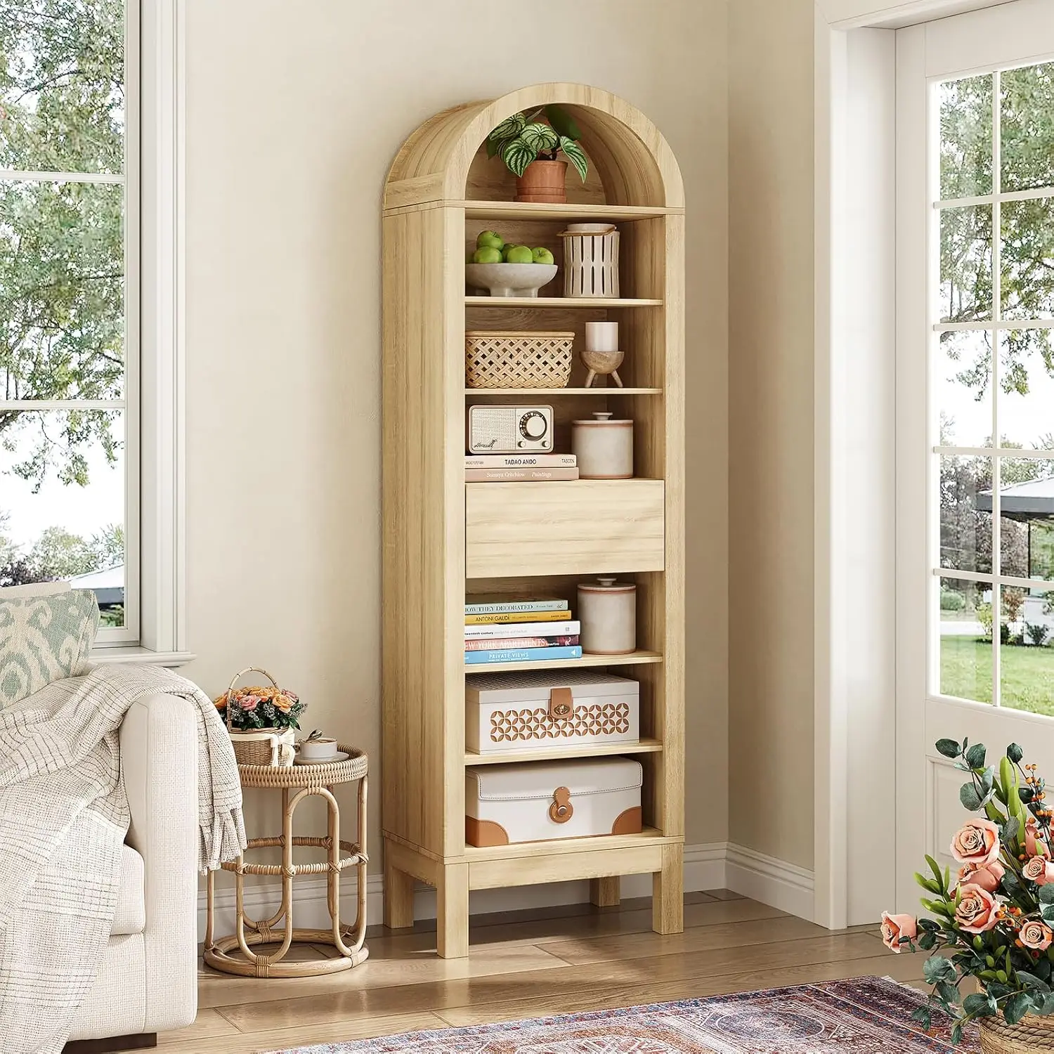 

Высокий арочный шкаф для хранения высотой 72,4 дюйма, 7-ярусный открытый органайзер для хранения с одним ящиком, отдельно стоящие деревянные полки для демонстрации, на заказ