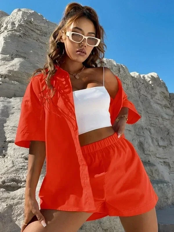 Langarm einreihiges Top + weitbeinige Shorts Set Mode Damen Sexy Solide Anzüge 2023 Sommer 2-teilige Outfits für Frauen