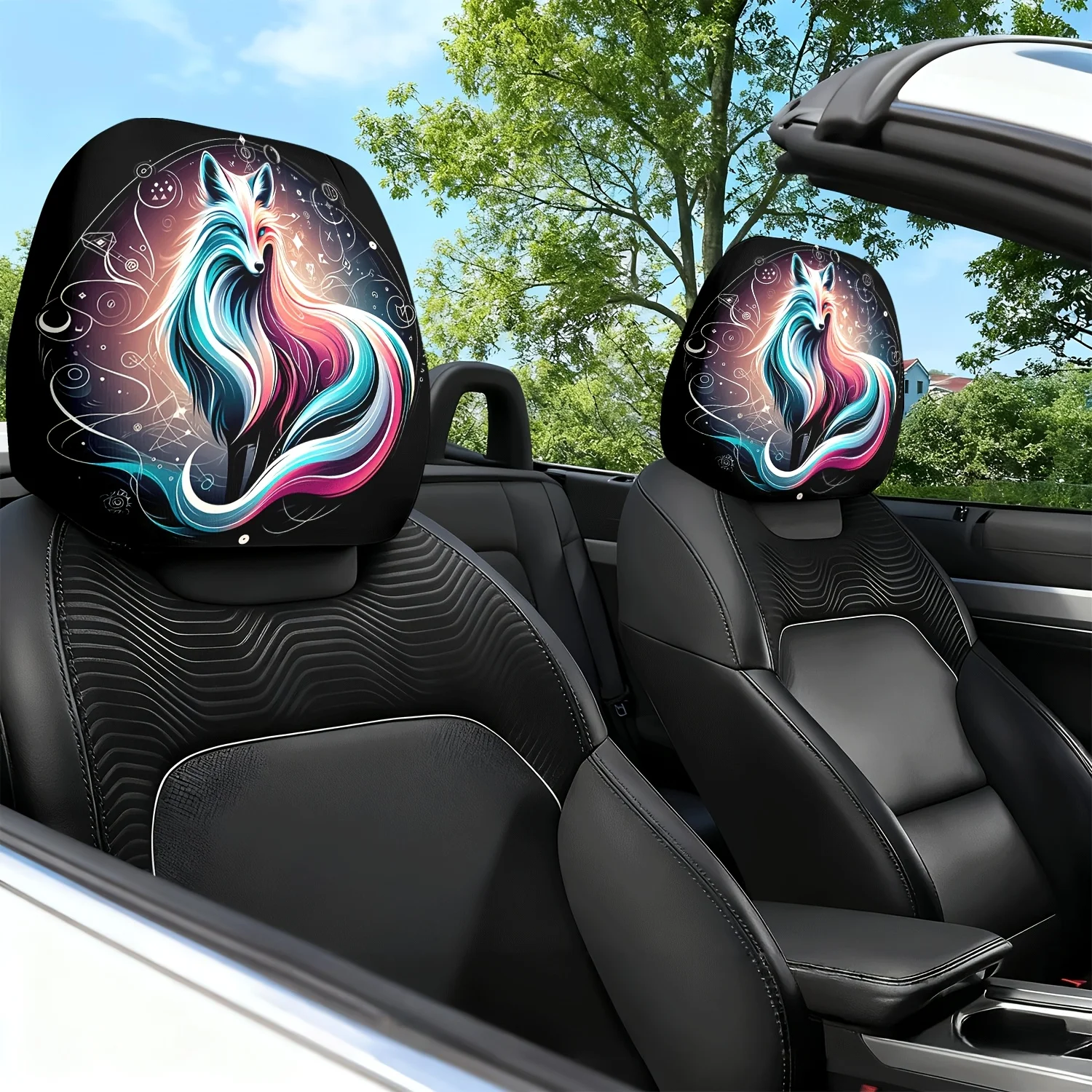 2pcs Car Headrest Cover Mysterious Fox Theme Print Car Seat Cushion Headrest Neck Pillow Cover - with Cute Design - Car Interi