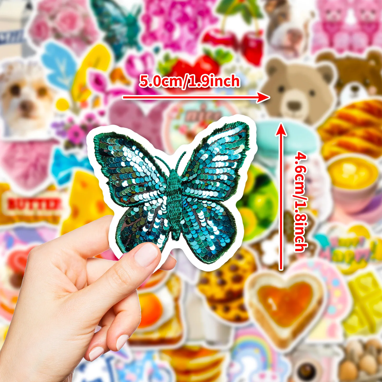 10/30/50PCS Sequin Butterfly Cat Puppy Bread Non-repeating Graffiti Sticker Decoration Phone Case Laptop Waterproof Decal Toy