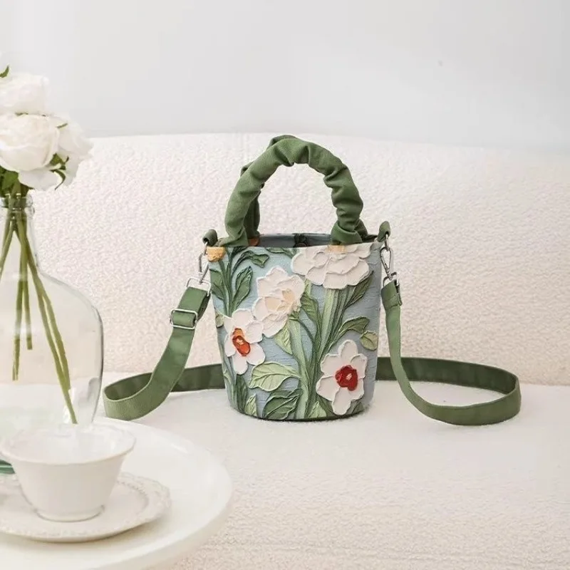 

Oil Painting Floral Tote Bucket Bag Lightweight Outdoor Shoulder Bag Creative Watercolor Crossbody Bag for Casual Everyday Use
