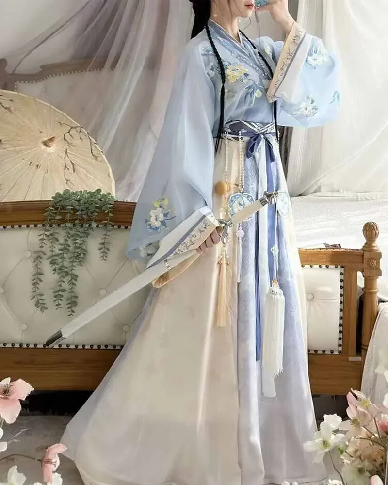 Vestido Hanfu tradicional chino para mujer, traje de Cosplay, vestido de baile para Halloween, traje Cos, actuaciones escolares, vestido Hanfu azul