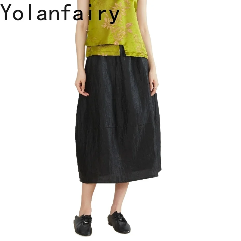 YOLANFAIRY 100% Real Mulberry Silk Skirt for Women Black Bud Skirt Crack Texture Xiangyunsha Skirts Long Elastic Waist faldas