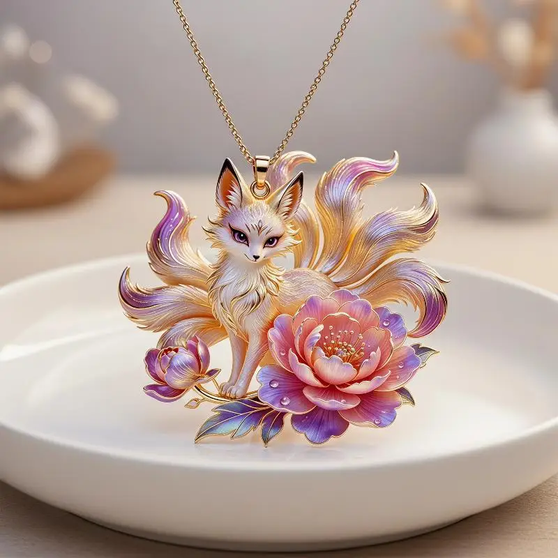 1PCS Chinese Mythology Nine-tailed Fox Enamel Pendant Necklace For Women Friends Trendy Exquisite Daily Wear Jewelry Gifts