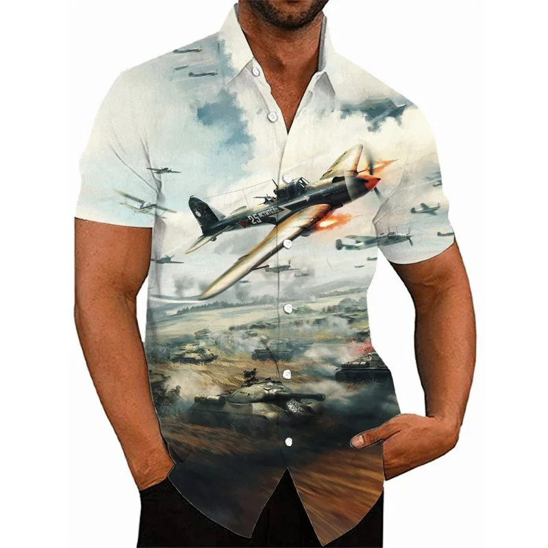 2024 3D printed fighter jet pattern Hawaiian shirt men's casual button-down shirt shirt shirt men's hip-hop shirt street clothes