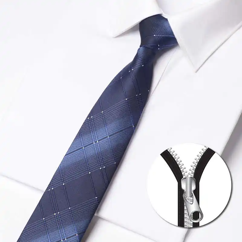 

High Quality Dark Blue Checkered Fashionable Zipper Tie Men's Shirt Accessory 6cm Narrow Fit Business Banquet Zipper Necktie