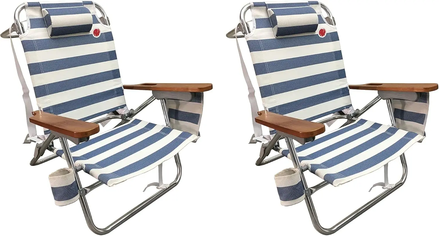 

Designs Multi-Position Wood Arm Beach Chair (2-pk) | Headrest, Media Organizer Pocket, Cup Holder, textilene Fabric, Dual Backpa