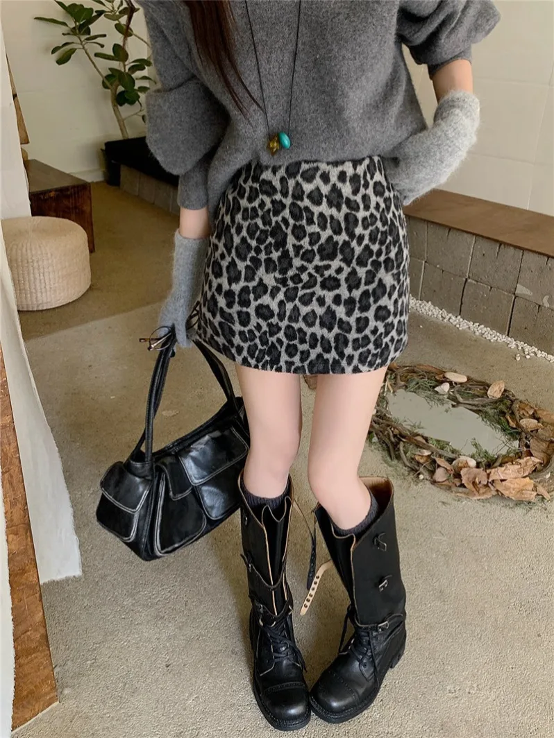 ハイウエスト A ライン スカート レディース ウール チェック柄 痩身 ヒョウ柄 秋冬 通勤 ファッション 韓国 スカート