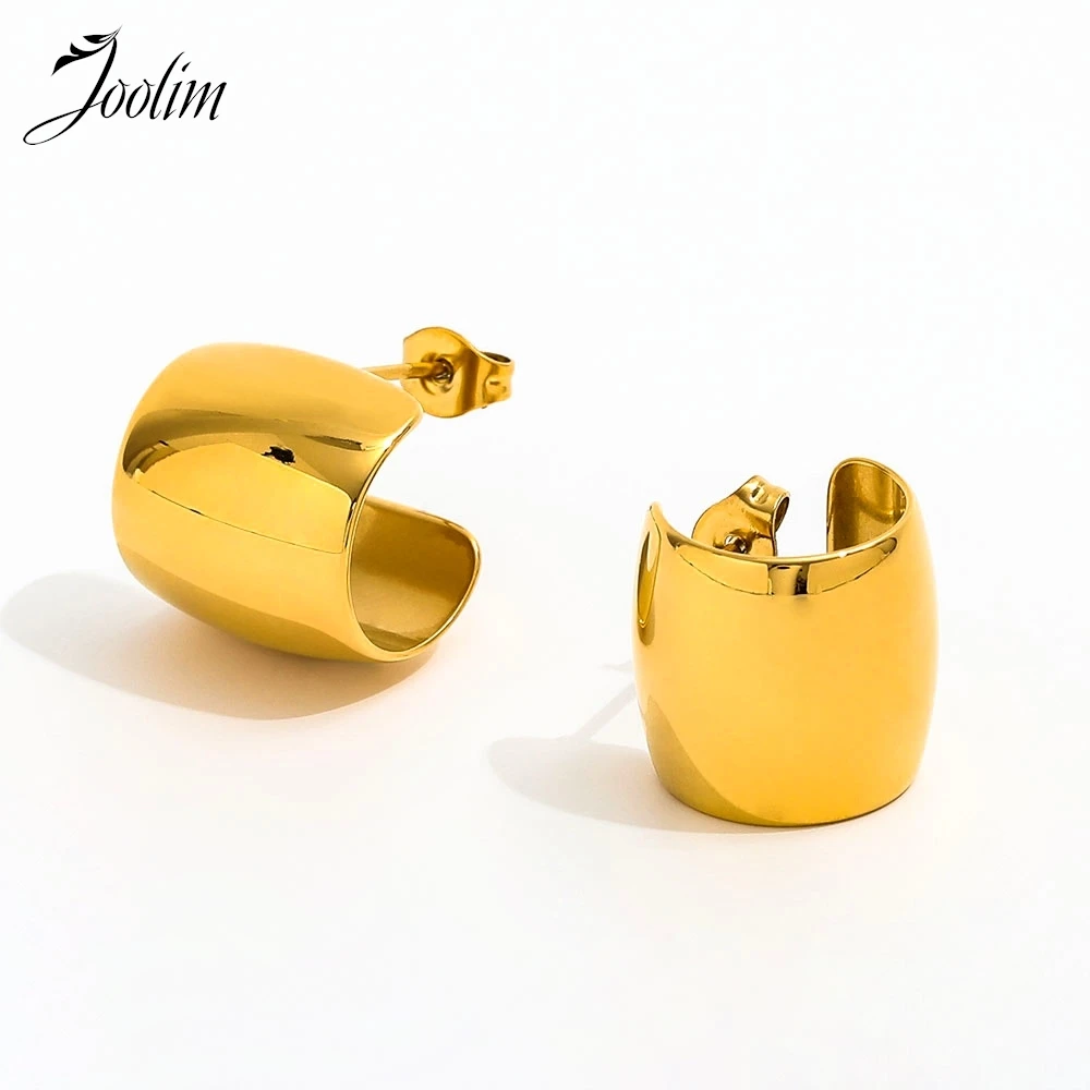 

Joolim Jewelry High Quality PVD Wholesale Waterproof Fashion Wide Chunky Oval C-shaped Hoop Stainless Steel Earring for Women