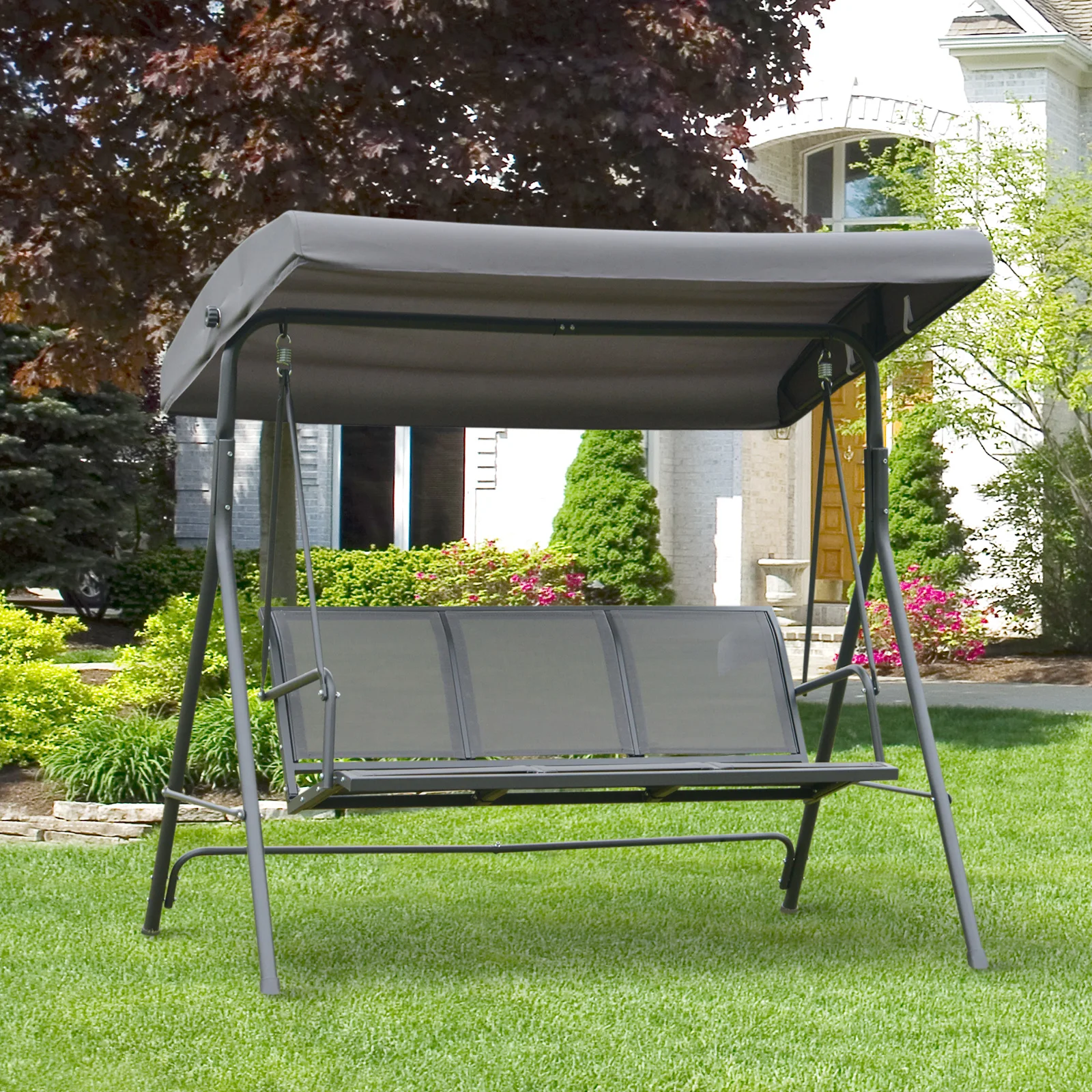Outsunny Columpio Balancín Jardín de 3 Plazas con Techo Parasol Ajustable Respaldo Transpirable y Marco de Acero 175x118x159 cm
