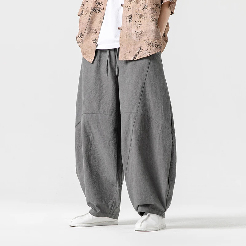 Spring Autumn Chinese Style Casual Pants Men's Hanfu Long Loose Wide Leg Lantern Pants Zen Large Size Cotton Linen Pants