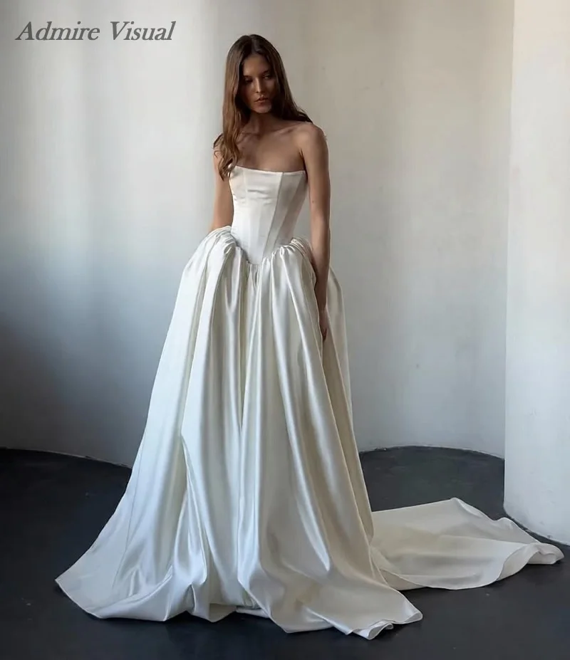 Admire Visual Customized Wedding Dress A-Line Satin Boat Neck Neckline Sleeveless Basque  Bride Gowns
