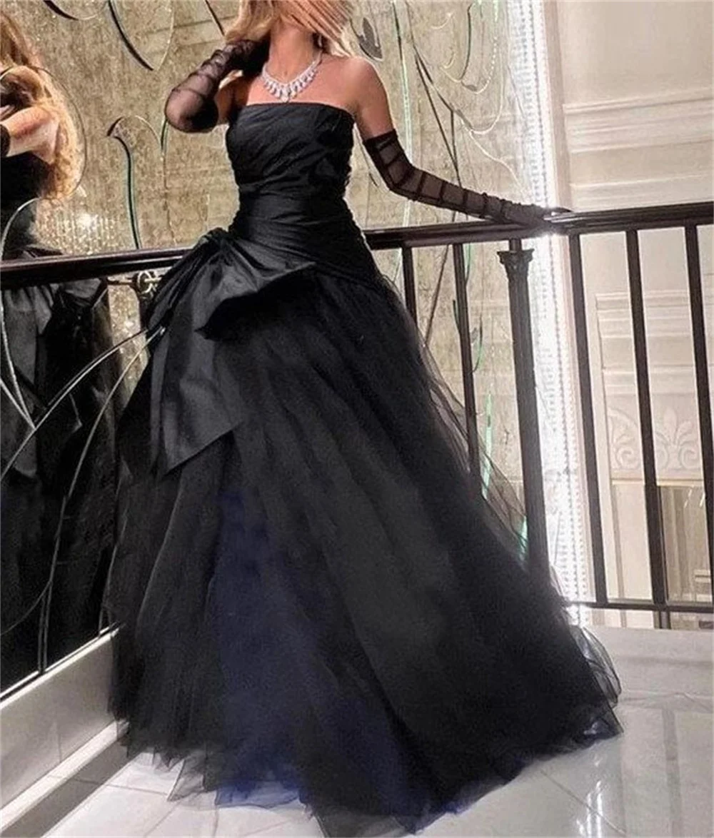 Amanda Sexy Strapless Puffy Prom Dress Blue-Black فساتين السهرة With Bow Elegant Tulle Puffy A-line Vestidos De Noche