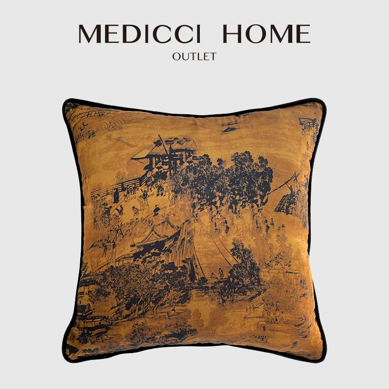 

Medicci Home Chinoiserie Exquisite Retro Accent Cushion Cover Sunset Glow Landscape Decorative Pillowcase Eclecticism Home Decor