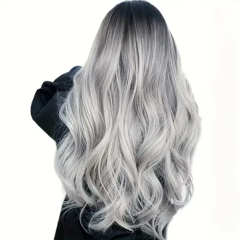 Long wavy gradient black to gray women's wig - heat-resistant synthetic hair, natural middle part, elegant body wave style,