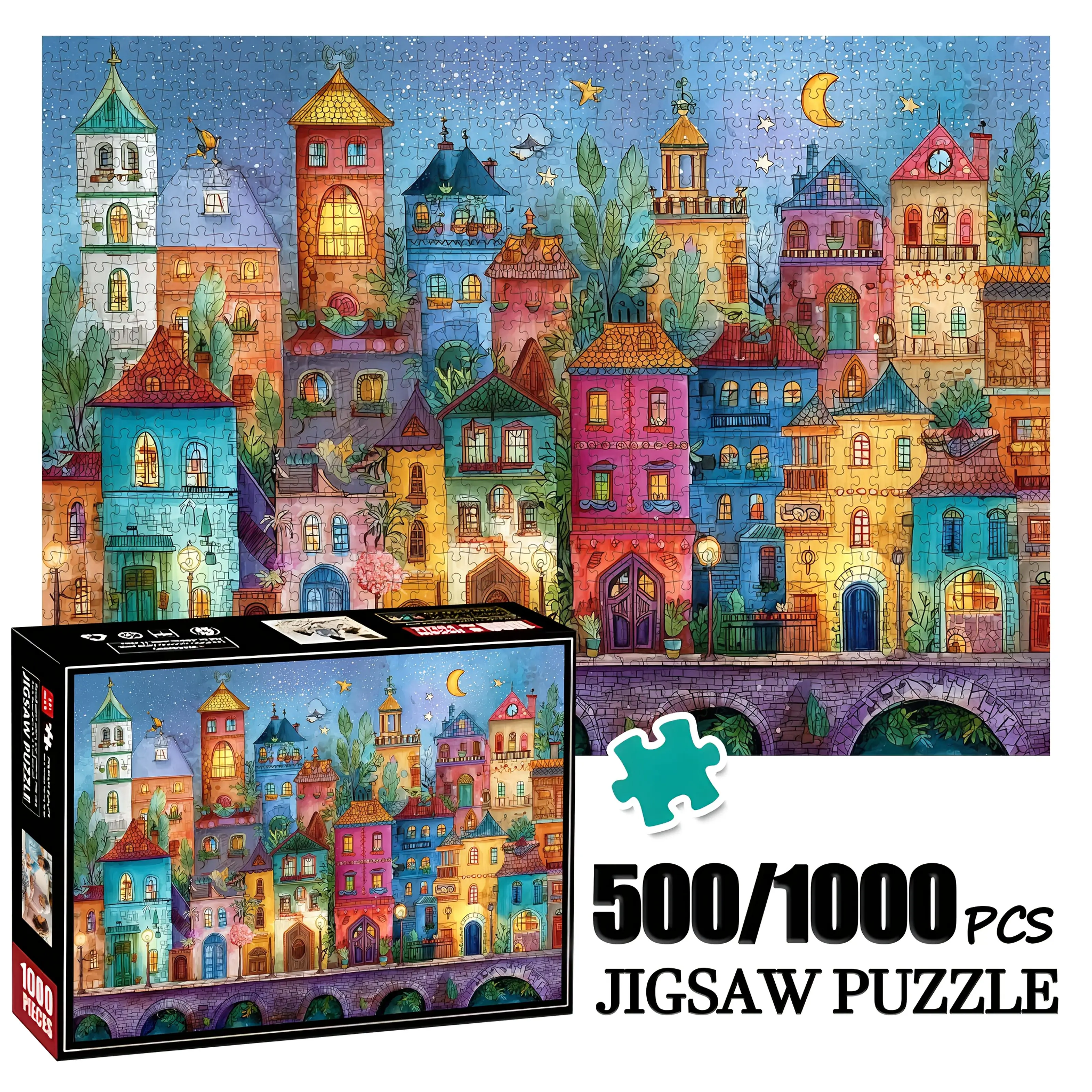 1 Box (500/1000 Teile) Papierpuzzle, verträumtes märchenhaftes, farbenfrohes Stadtdesign mit Sternenhimmel und grünen Akzenten – Pe