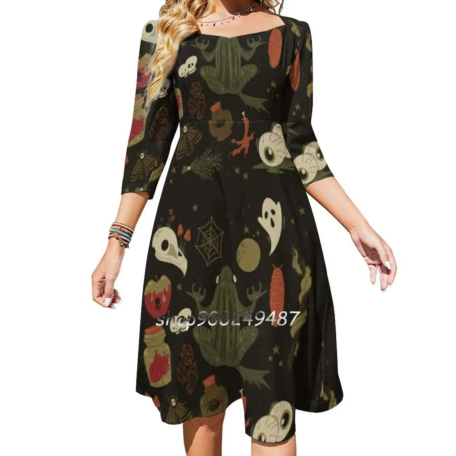 

The Witch'S Essentials Flare Dress Square Neck Dress Elegant Female Fashion Printed Dress Witch Witchcraft Wicca Magic Frog