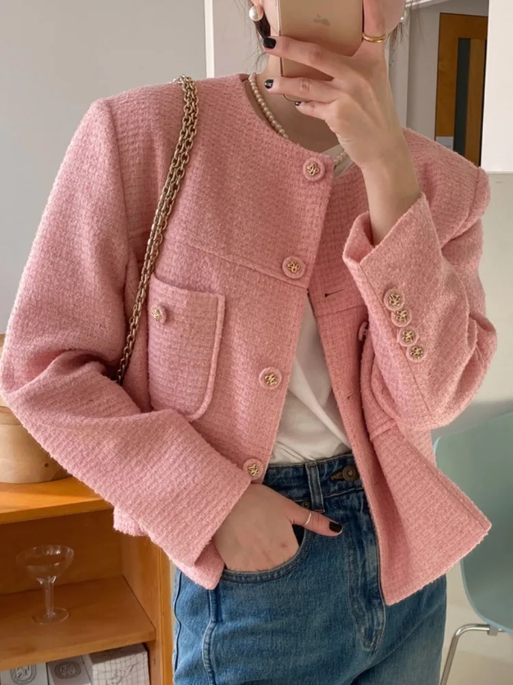 Spring 2026 Chic Woolen Suit Jacket Women's Short Fit round Neck Shirt Style Business Casual Pure Color Single Button Closure