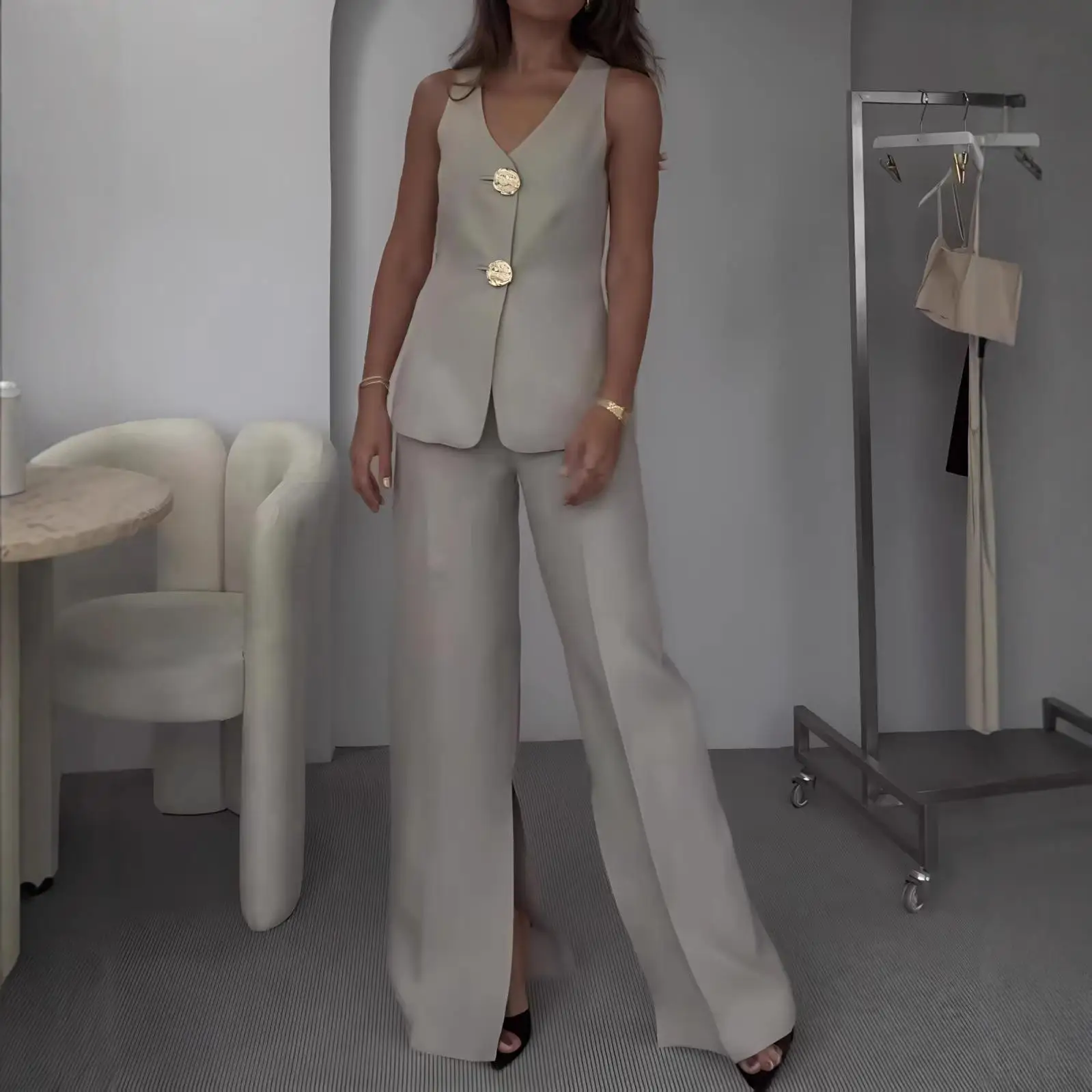 Spring Summer 2024 Pure Color V-Neck Sleeveless Tank Top Wide Leg Pants Casual Two-Piece Set Comfortable Breathable Women's O...