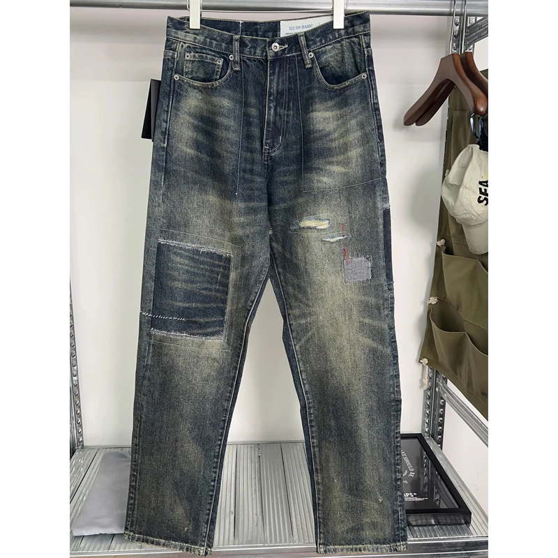 Ready Stock  Jeans Washed Destroyed Old Patch NBHD Men's Women's Denim Trousers Japanese