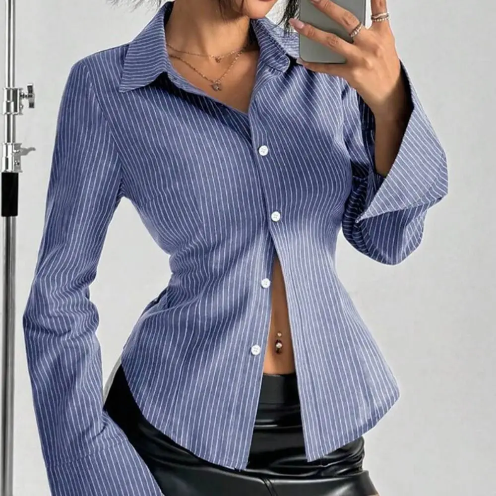 클래식 스트라이프 긴팔 블라우스 패치워크 V넥 스트라이프 셔츠 여성용 플립 칼라 싱글 브레스티드 레트로 시크 탑 여성용
