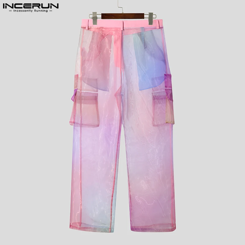 INCERUN 2025 سراويل رجالية شبكية متدرجة بجيوب كبيرة الحجم سراويل مستقيمة للرجال للركض ملابس الشارع الشهير سراويل طويلة عصرية للركض