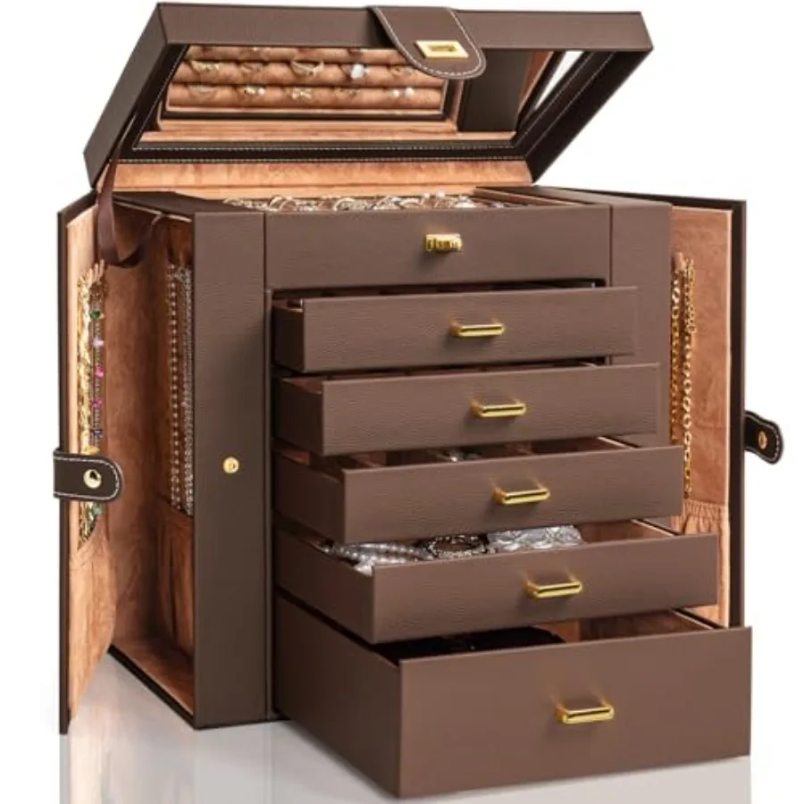 6-Tier Jewelry Box Organizer with Mirror, 5 Drawers Leather Jewelry Storage Case for Women Girls Ring Necklace Earring Bracelet