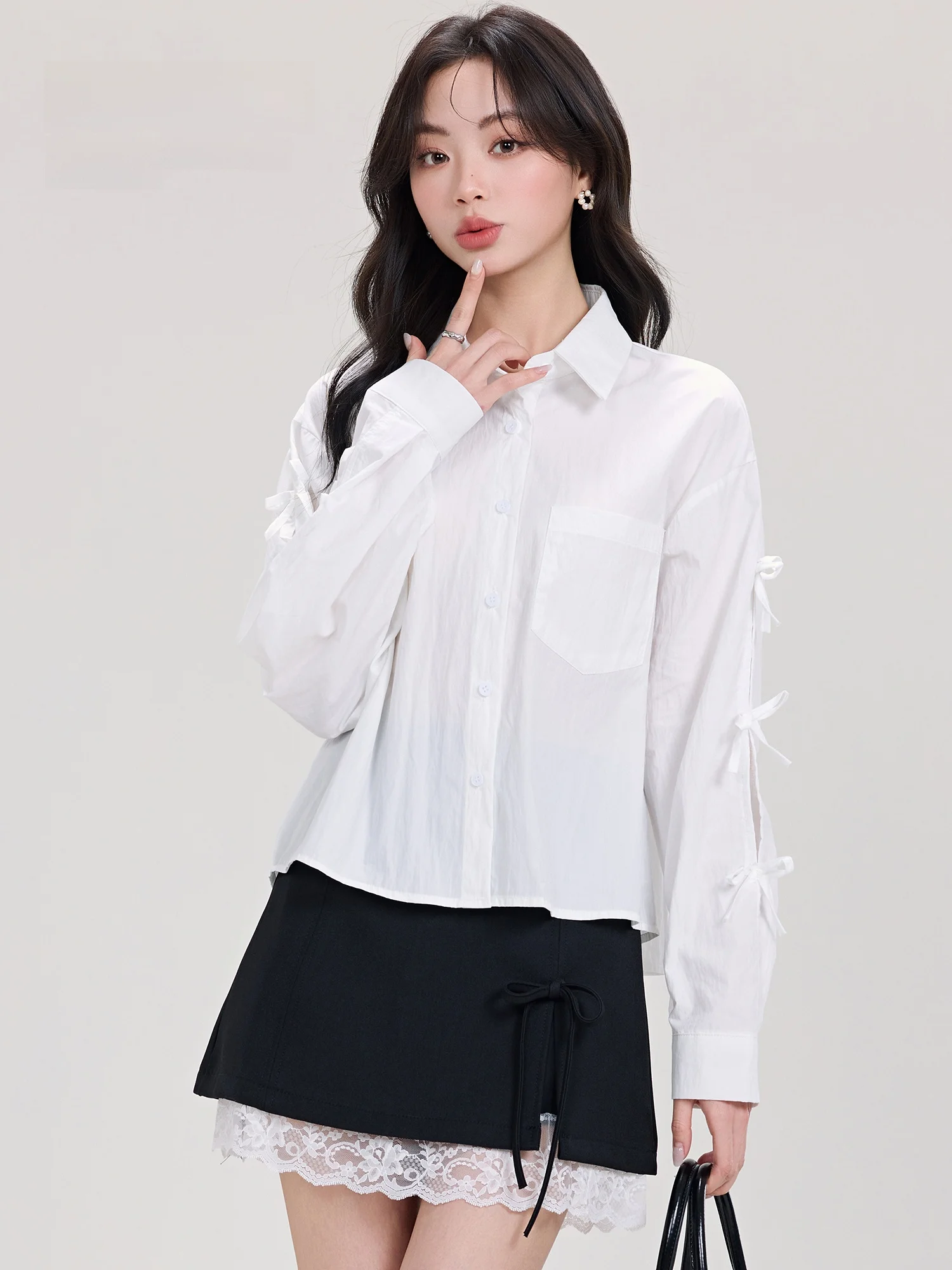

White Long Sve Women's irt Spring Autumn Knot Design Korean Sle Loose Fit irt Unique Exquisite Top