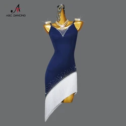 2024 neue Blau Latin Dance Party Kleid Frauen Wettbewerb Linie Anzug Kind Prom Fringe Kurzen Rock Mädchen Sexy Samba Bühne Angepasst