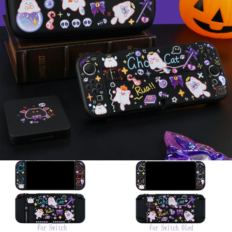 Cute Ghost Cat Hard TV Dock Cover Stand Charger Crystal Shell for Nintendo Switch Oled NS Joy-Con Controller TPU Protector Case