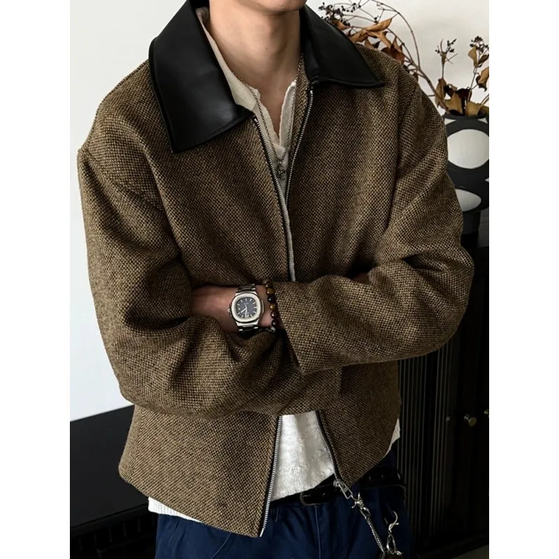 2026 New Korean Retro Men's Casual Zip Jacket Autumn Fashion Streetwear Men's Y2k Harajuku Leather Collar Patchwork Jacket Coat