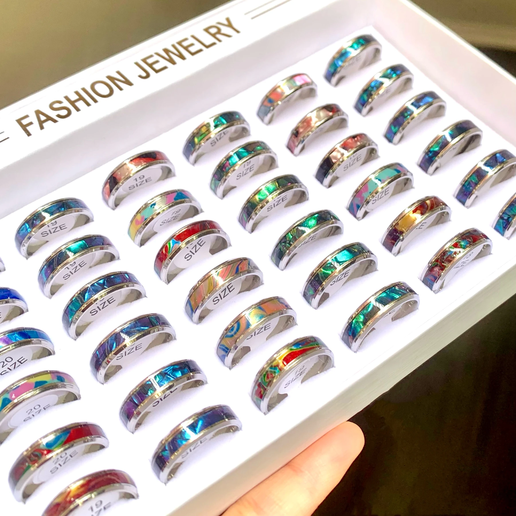 8pcs Mix Design Stainless Steel Rings For Men Women 6mm Lmitation Shell Abalone Fashion Finger Accessory Wedding Party Gift Lot