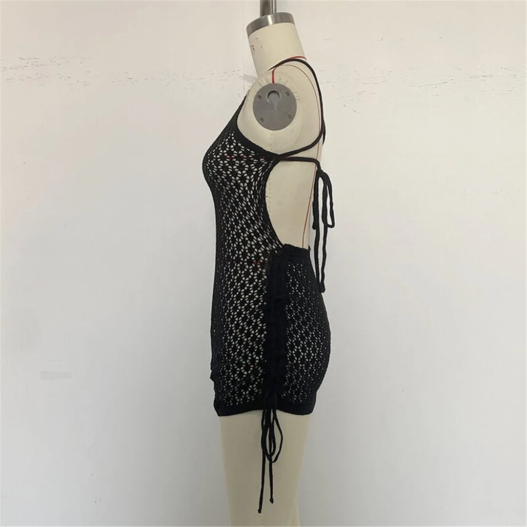 Ausgehöhltes, mit Häkelstrick verziertes Minikleid mit Kreuzrücken, Strandkleid, Strandmode, Strandbekleidung, Strandüberwurf, Damen V6470 – Detail 22