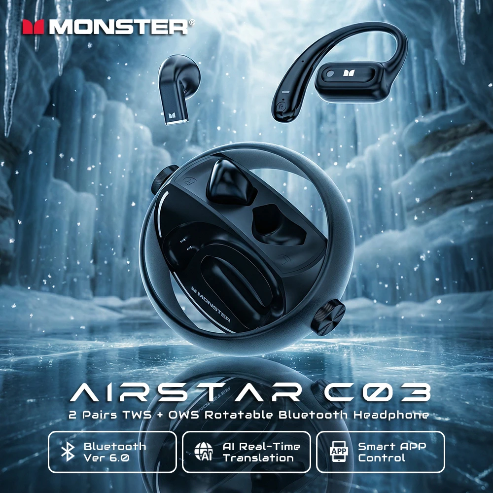 

Наушники Monster Airstar C03 Bluetooth 6.0, 2 пары, OWS+TWS, беспроводные, с функцией AI-перевода в реальном времени и умным приложением