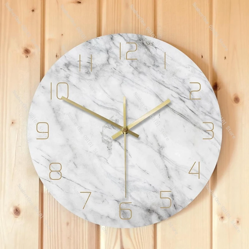 HOT-Quartz Analog Quiet Marble Wall Clock 3D Chic White Marble Print Modern Round Wall Watch Nordic Creativity Home Decor