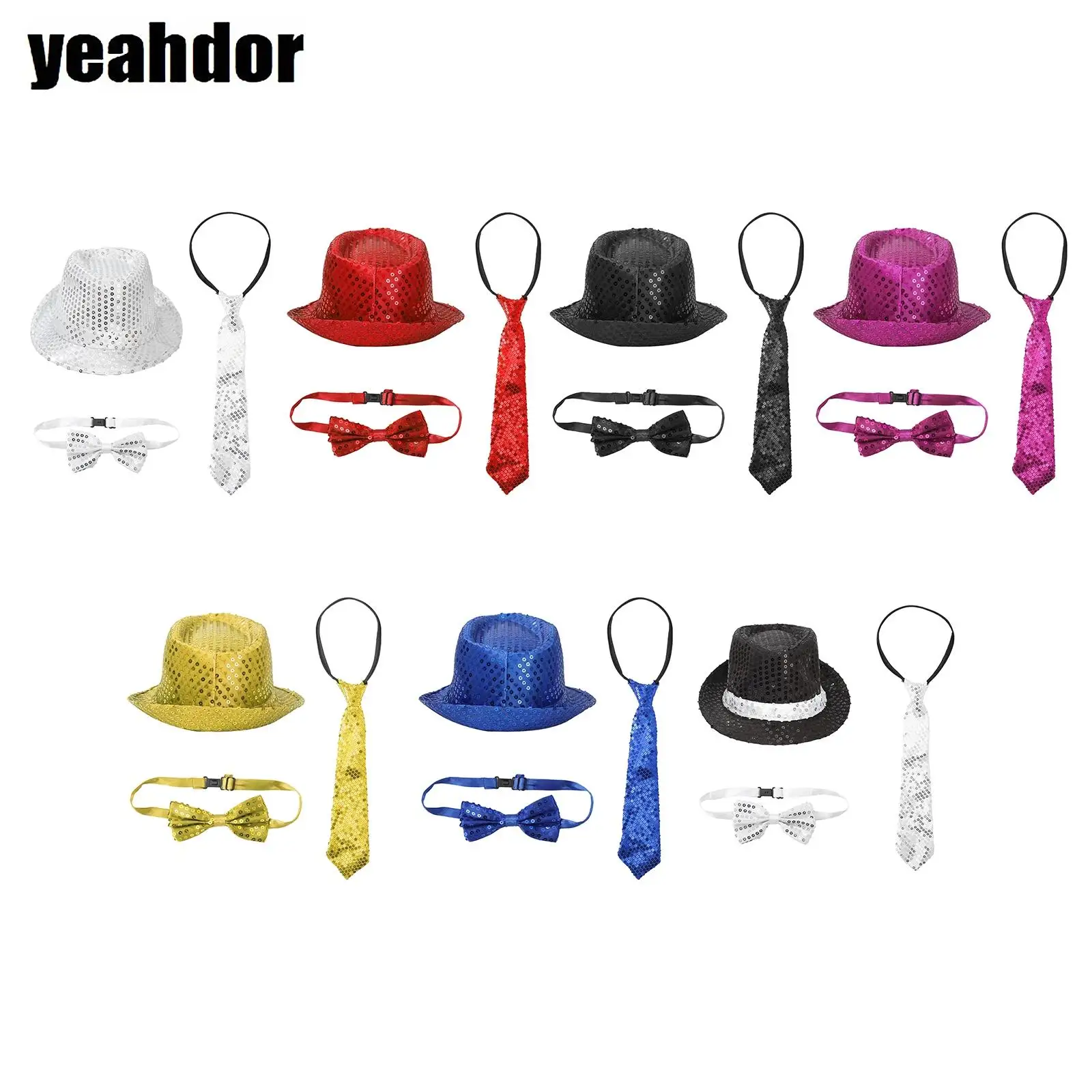 Adults Sequined Jazz Accessories Sets Shiny Fedora Hat Pre-tied Bowtie And Necktie 3-piece Set for Stage Halloween Costume