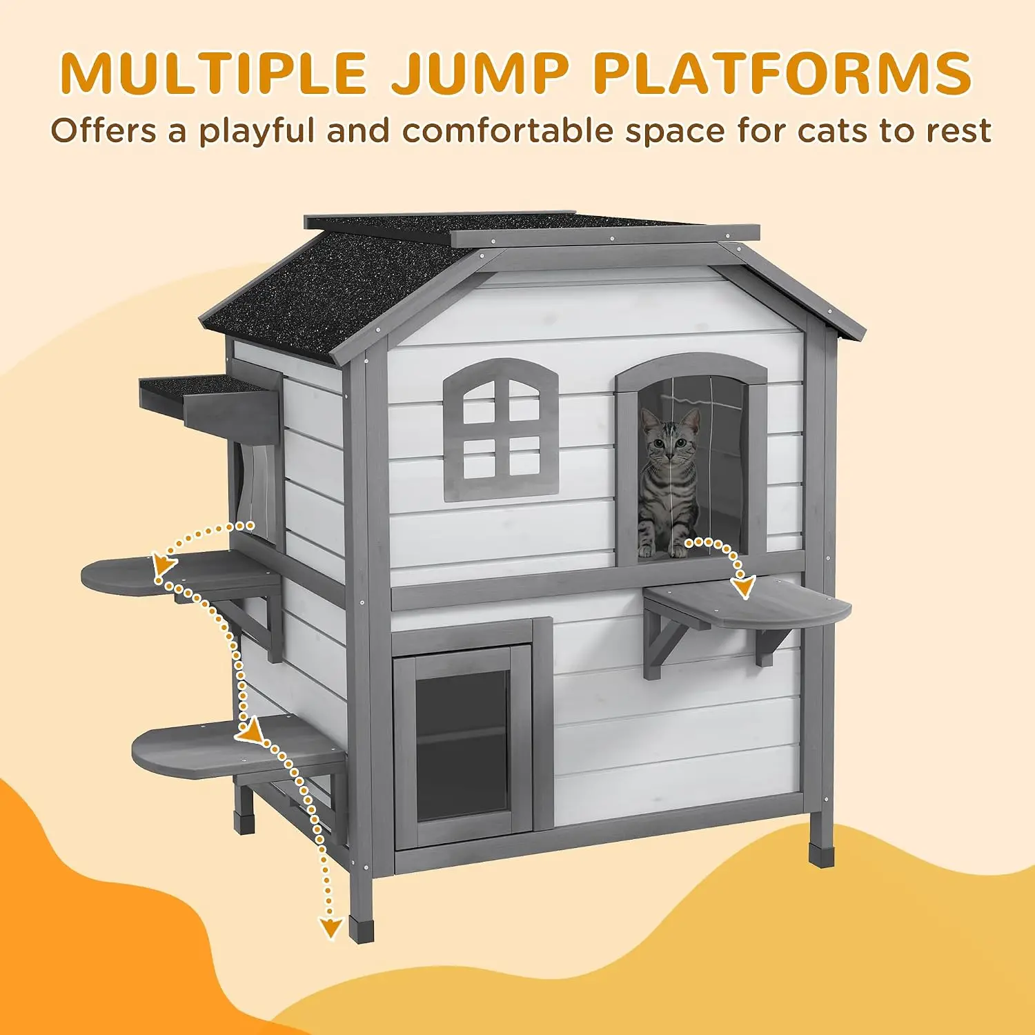 2-Story Wooden Cat House Outdoor Weatherproof Feral Cat Enclosure Escape Door Openable Roof Platforms White, Customized view 6