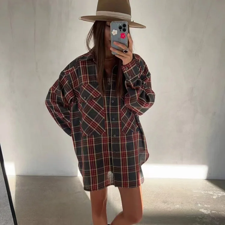 

Ретро-рубашка в клетку свободного кроя, миди-длина, на пуговицах, женская, премиум-класса, с длинным рукавом, удобная, с модным клетчатым узором