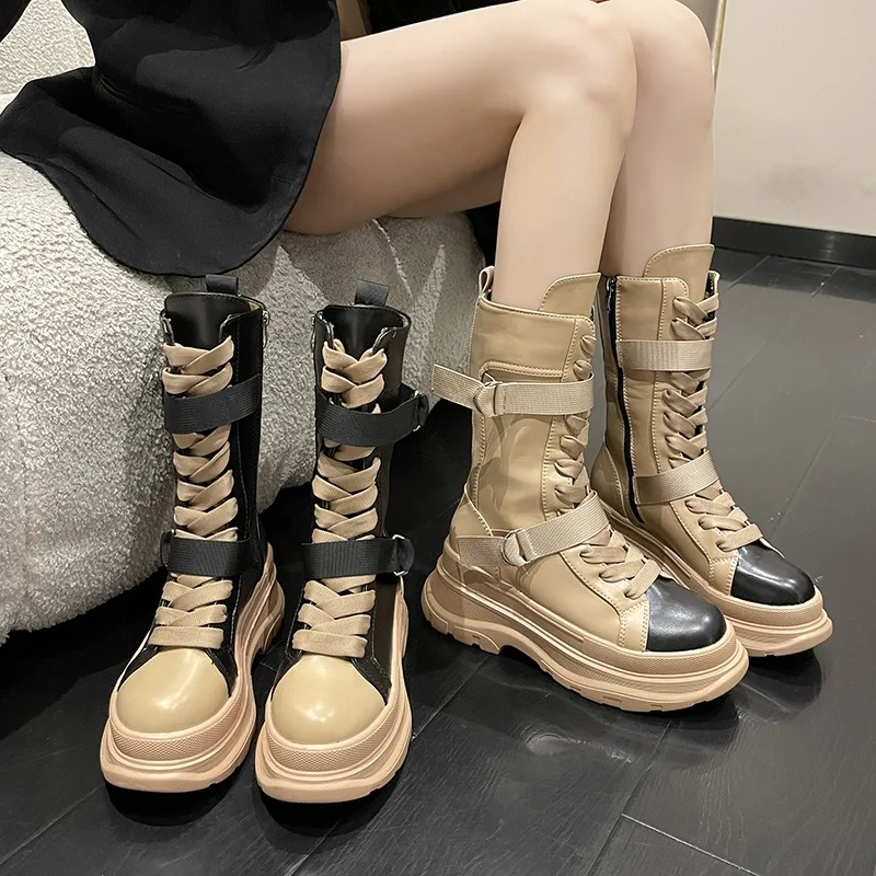 Canvas Chunky Platform Women's Boots Autumn Winter Lace-Up Zipper Motorcycle Boots Woman Thick Bottom Non-Slip Ankle Booties