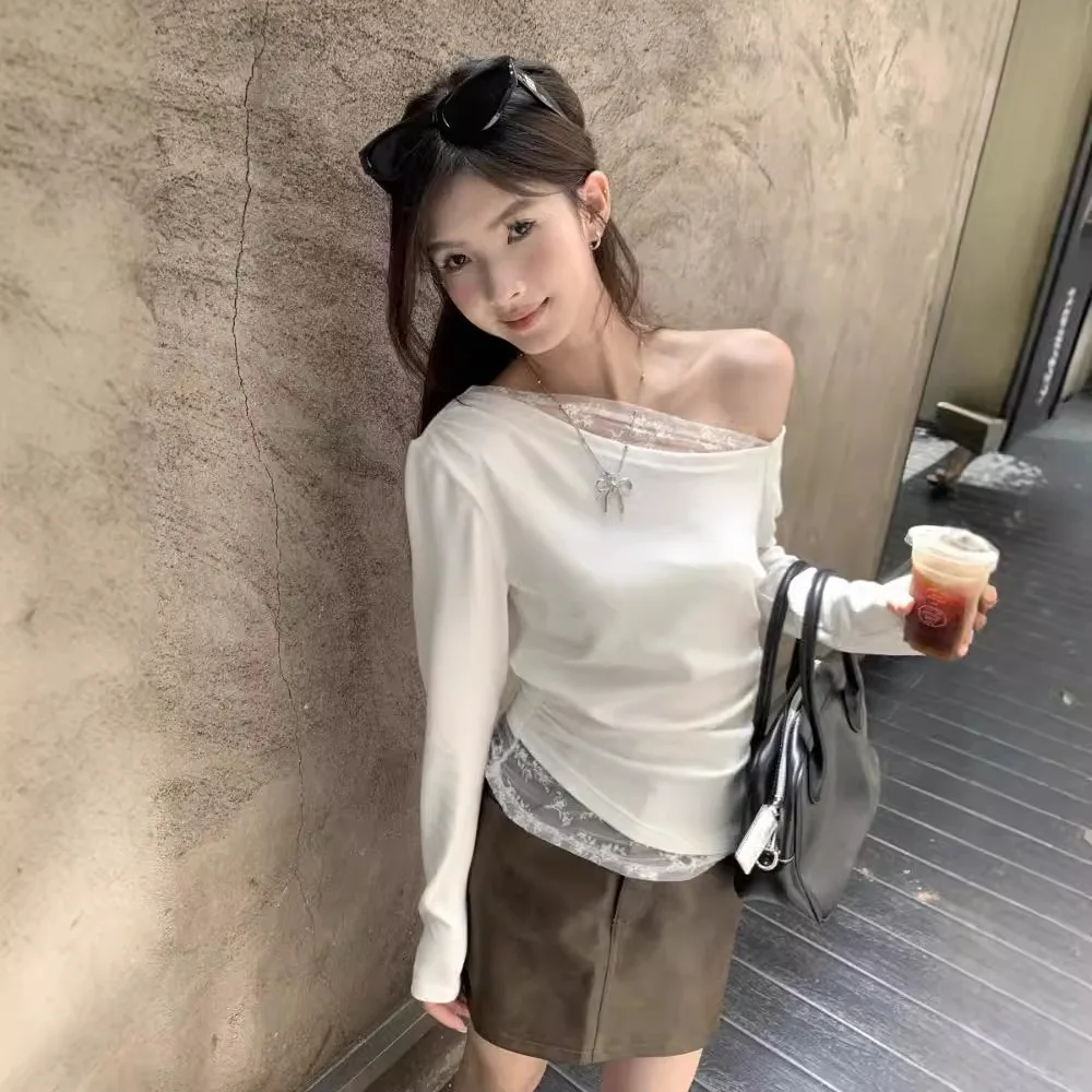 Women's Off Shoulder Long Sleeve Top Lace Decor Ruched Slim Fit Versatile Trendy Casual Commute Office Street Daily Wear Blouse
