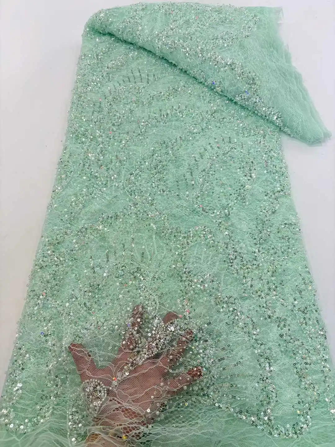 

African Beads Lace Fabric 2025 High Quality Nigerian Sequins Beads Lace Fabric French Laces Fabrics For Party Dress Sew XC78378