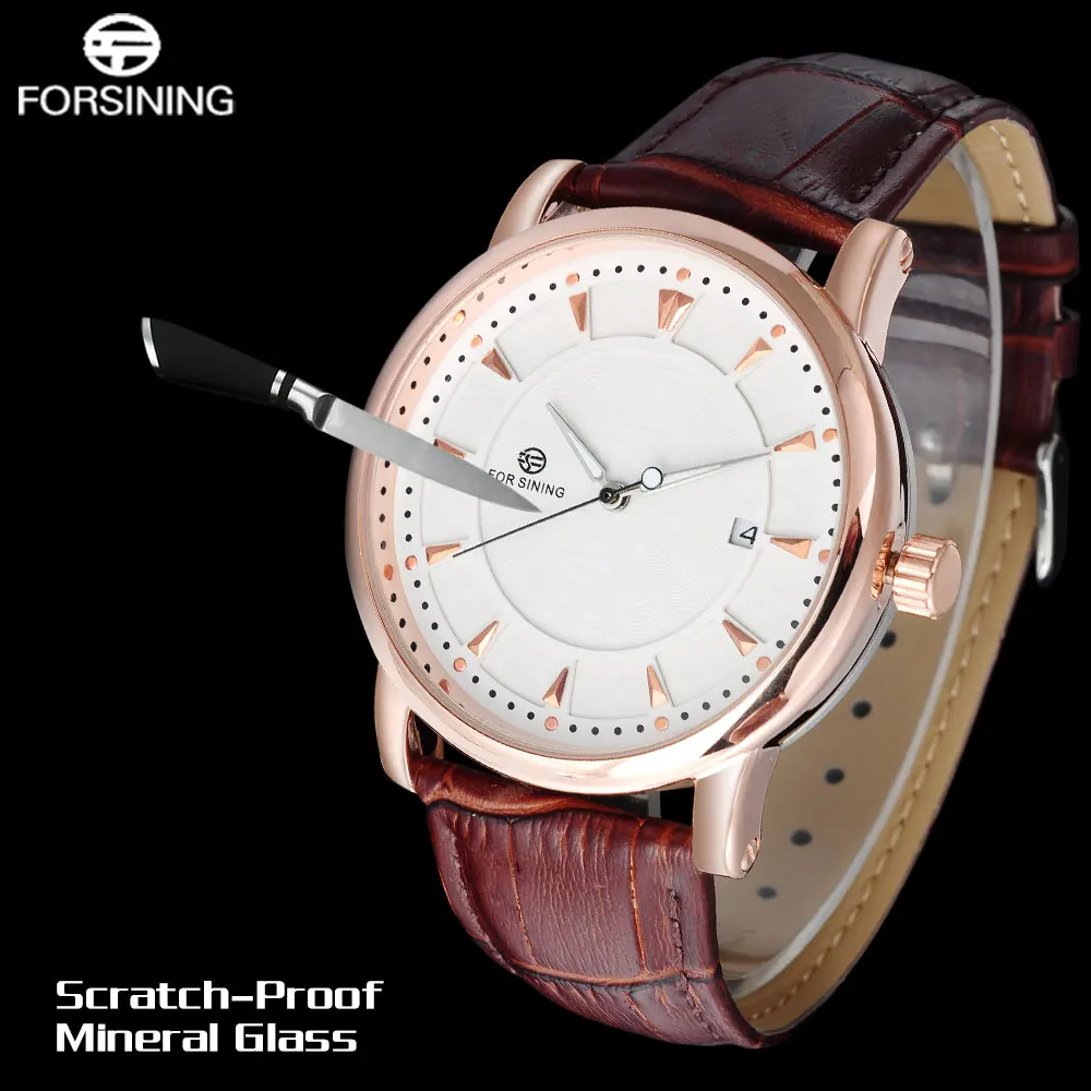 2023 FORSINING China Brand Men Watches Fashion Automatic Self Wind Watch White Dial Auto Date Rosegold Case Genuine Leather Band