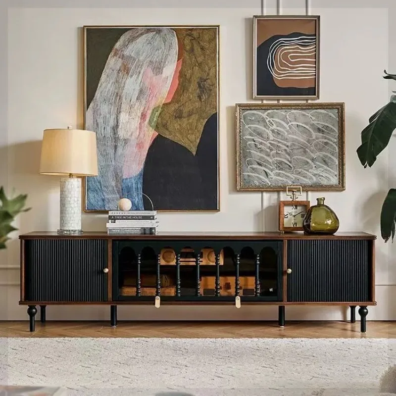 

French retro solid wood TV cabinet small apartment living room home medium and ancient style floor storage locker integrated